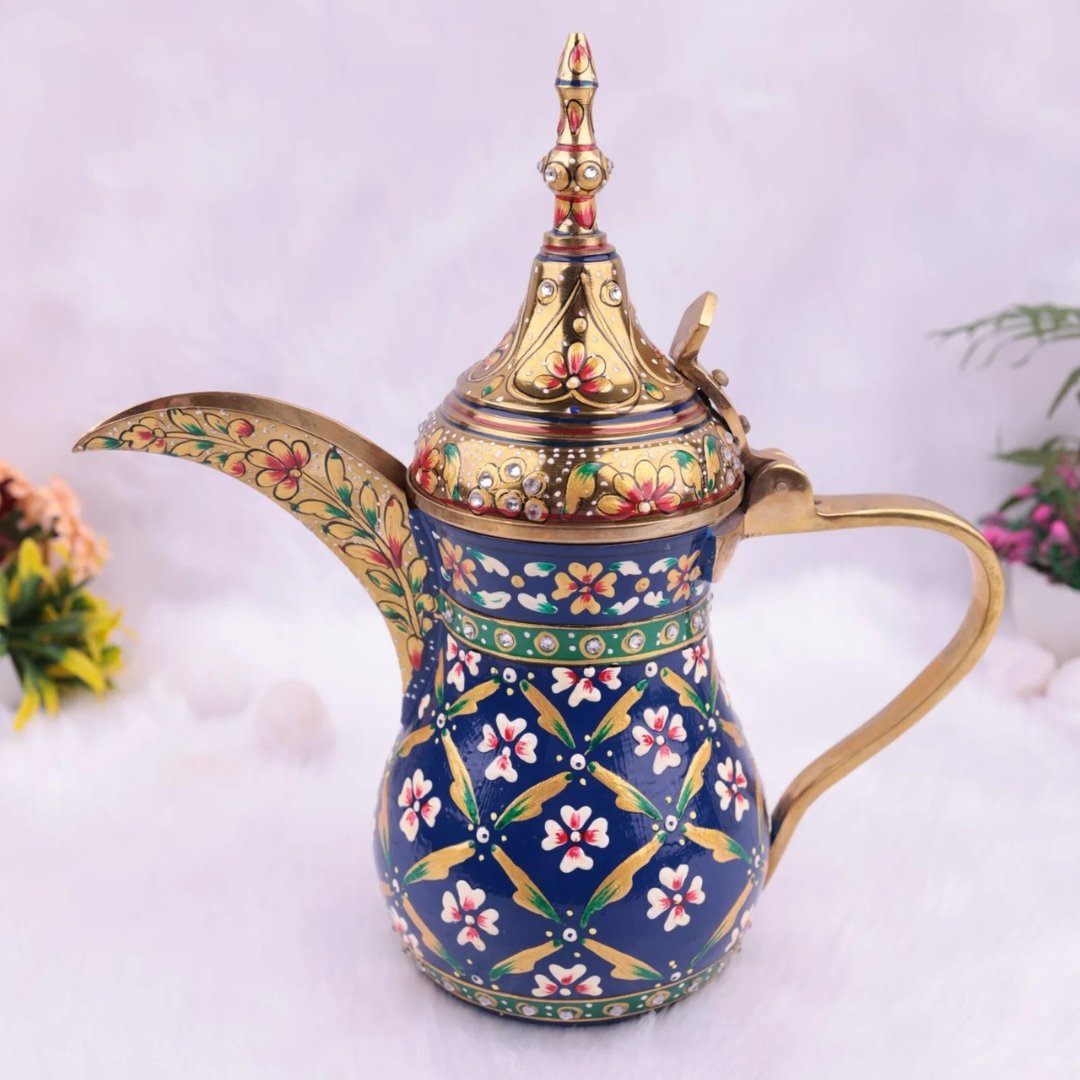 Hand-Painted Brass Arabic Coffee Pot: Blue & Gold Dallah Kettle