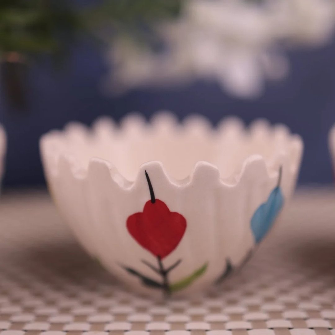 Hand-Painted Floral Serving Set with Scalloped Bowls